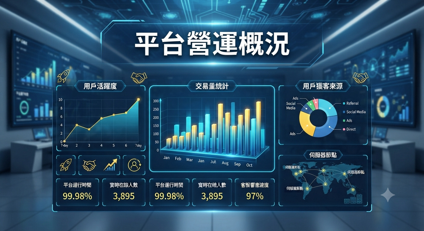 這張圖片展示了一個高科技的平台營運概況數位儀表板,顯示了用戶活躍度、交易量統計及伺服器節點分佈。 整體設計以科技藍色調為主,精確呈現關鍵績效指標,專業且具備現代化的數據監控視覺效果。