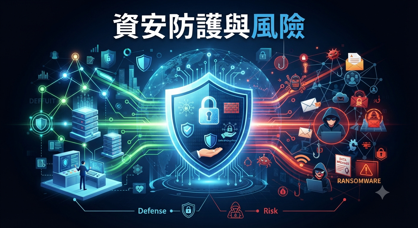 這張圖片以「資安防護與風險」為標題,透過對比鮮明的設計展示網路安全概念。左側以綠色系代表防護措施與系統監控,右側則以紅色系象徵駭客攻擊與資安威脅,中間由一個巨大的防護盾牌守護核心數據。